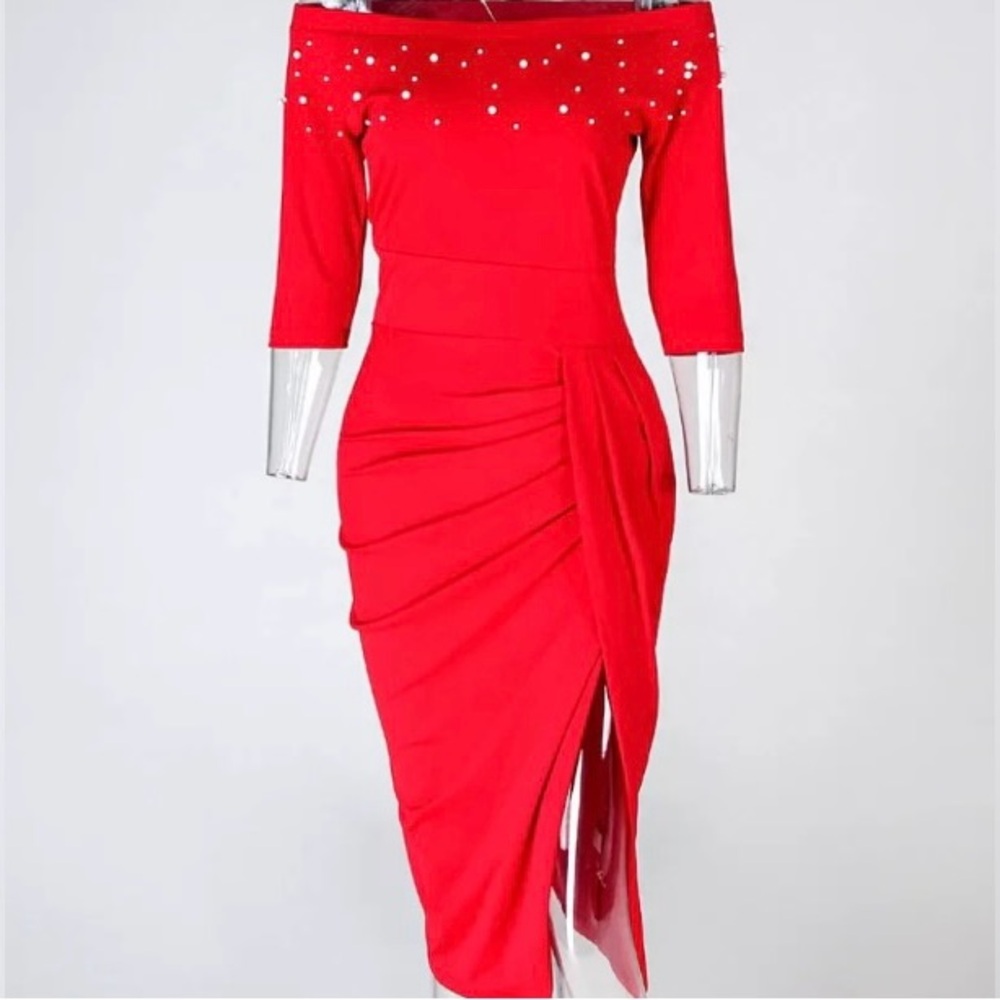 CBR Off The Shoulder Beaded Ruched 3/4 Sleeve Red Dress